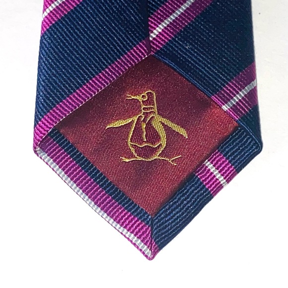Original Penguin 100% Silk Navy & Purple Stripe Skinny Neck Tie - Picture 5 of 7